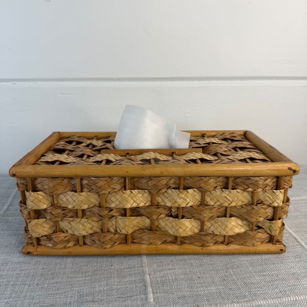 Woven Wicker Rectangle Tissue Box Cover Boho Cottagecore Coastal Decor